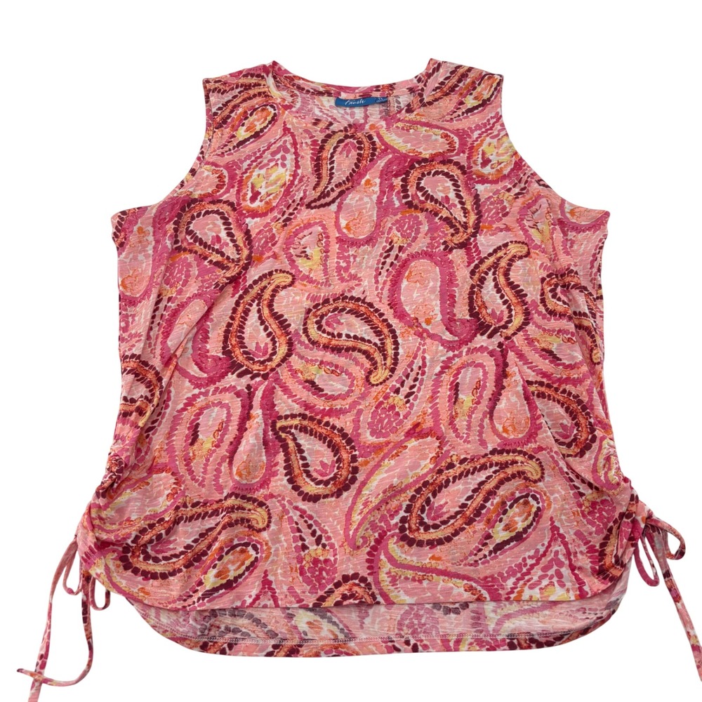 Fresh Womens 1X Paisley Sleeveless Cinch Side Knit Top Pink Multi RN 159083